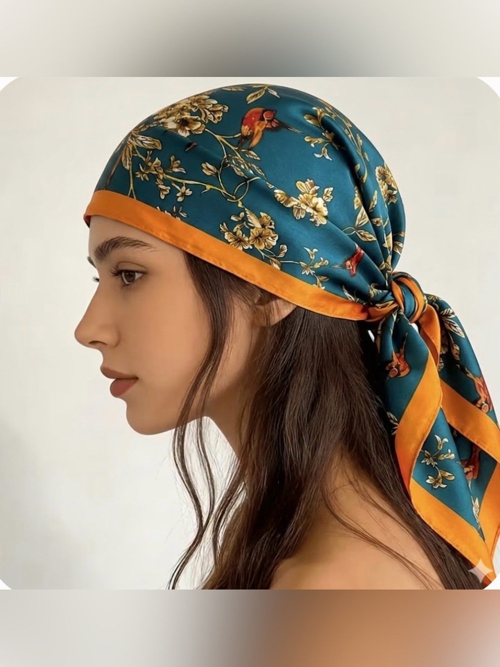 Silk-Feel Teal Floral Scarf with Orange Trim